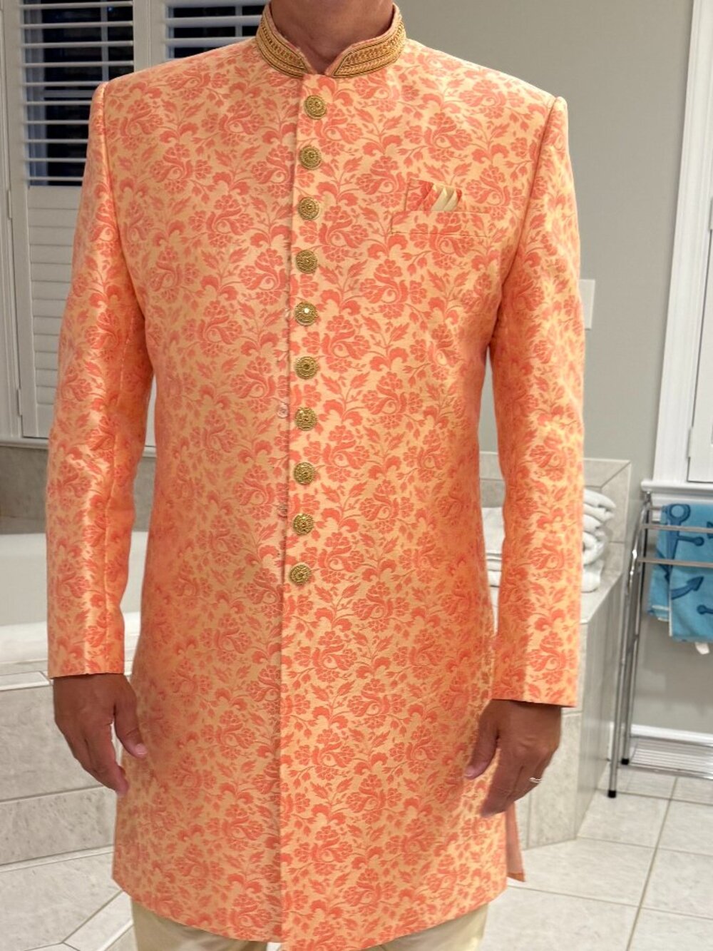 Men's Peach Floral Brocade Sherwani – Traditional Indian Wedding Jacket – Excell